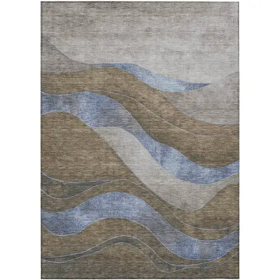 Taupe And Blue Abstract Washable Indoor Outdoor Area Rug Photo 8
