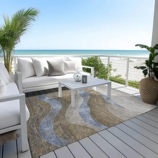 Taupe And Blue Abstract Washable Indoor Outdoor Area Rug Photo 4