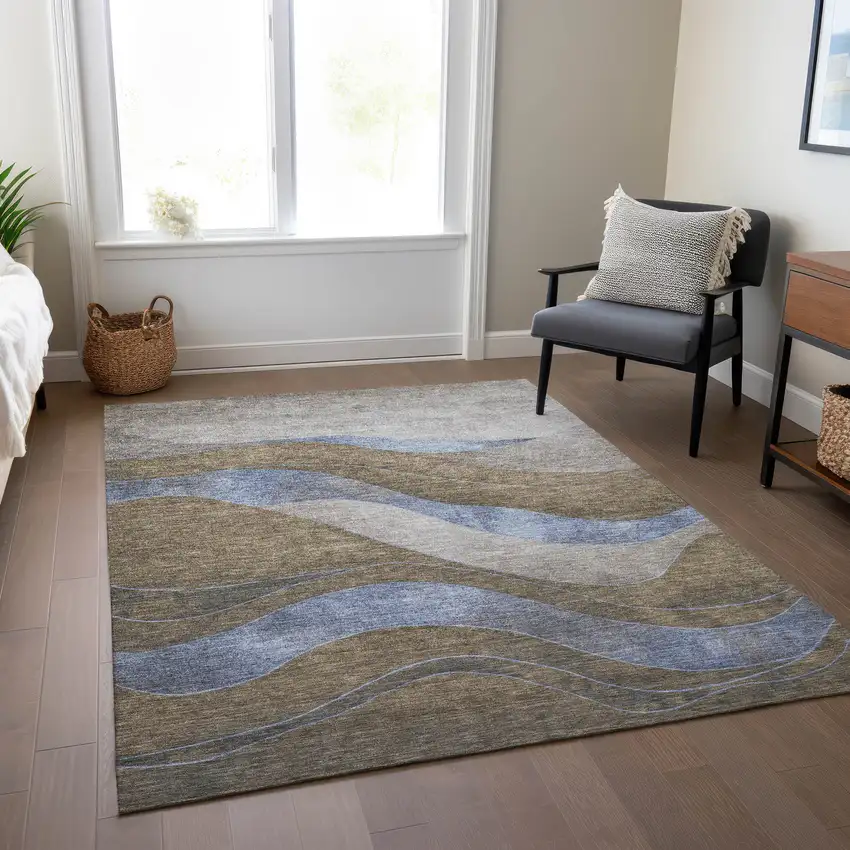 Taupe And Blue Abstract Washable Indoor Outdoor Area Rug Photo 6