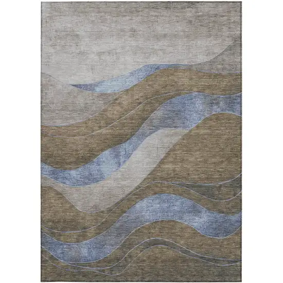 Taupe And Blue Abstract Washable Indoor Outdoor Area Rug Photo 1