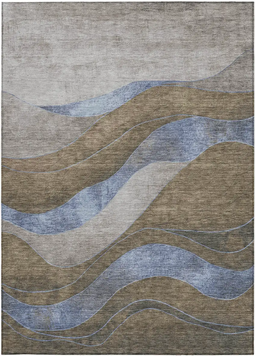 Taupe And Blue Abstract Washable Indoor Outdoor Area Rug Photo 1