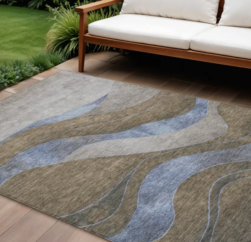 Taupe And Blue Abstract Washable Indoor Outdoor Area Rug Photo 2