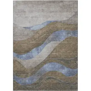 Photo of Taupe And Blue Abstract Washable Indoor Outdoor Area Rug
