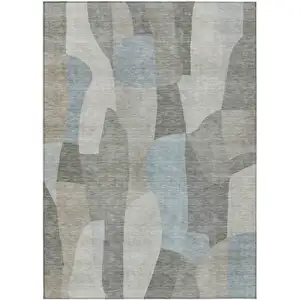 Photo of Taupe And Blue Abstract Washable Indoor Outdoor Area Rug