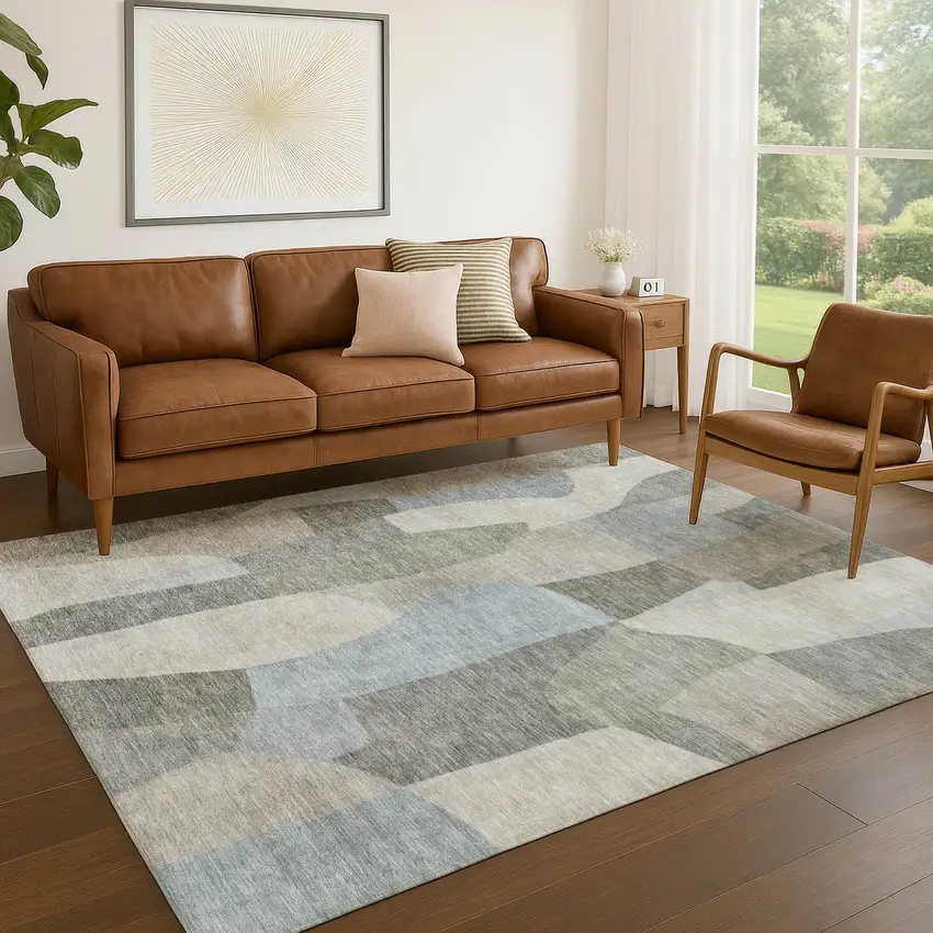 Taupe And Blue Abstract Washable Indoor Outdoor Area Rug Photo 5