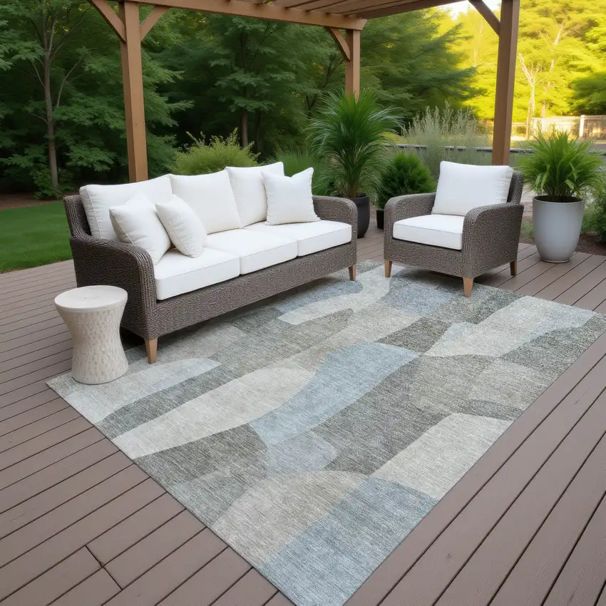 Taupe And Blue Abstract Washable Indoor Outdoor Area Rug Photo 7