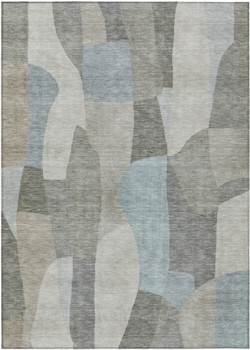 Taupe And Blue Abstract Washable Indoor Outdoor Area Rug Photo 1