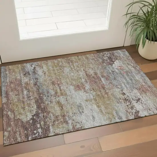 Taupe And Blue Floral Washable Area Rug With UV Protection Photo 2