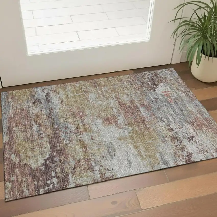 Taupe And Blue Floral Washable Area Rug With UV Protection Photo 2