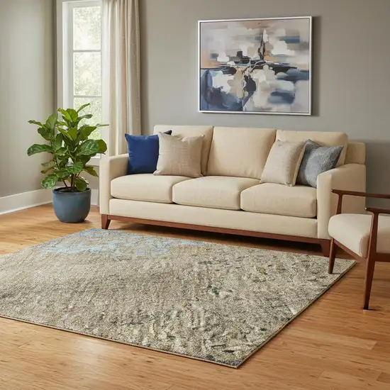 Taupe And Blue Floral Washable Area Rug With UV Protection Photo 2