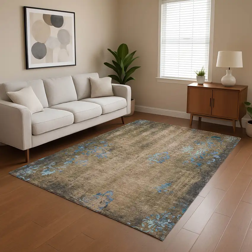 Taupe And Blue Floral Washable Area Rug With UV Protection Photo 4