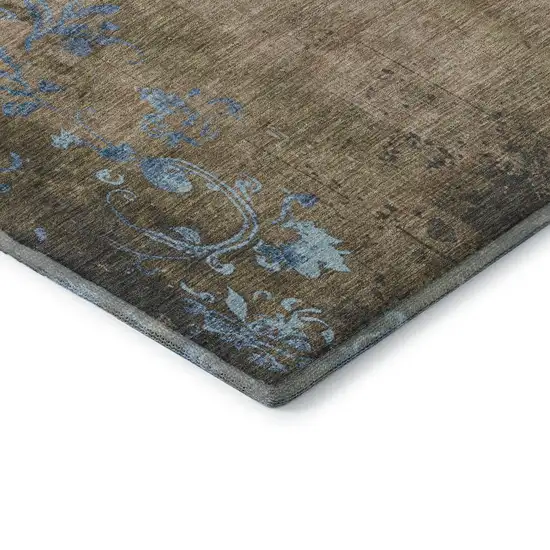 Taupe And Blue Floral Washable Area Rug With UV Protection Photo 9