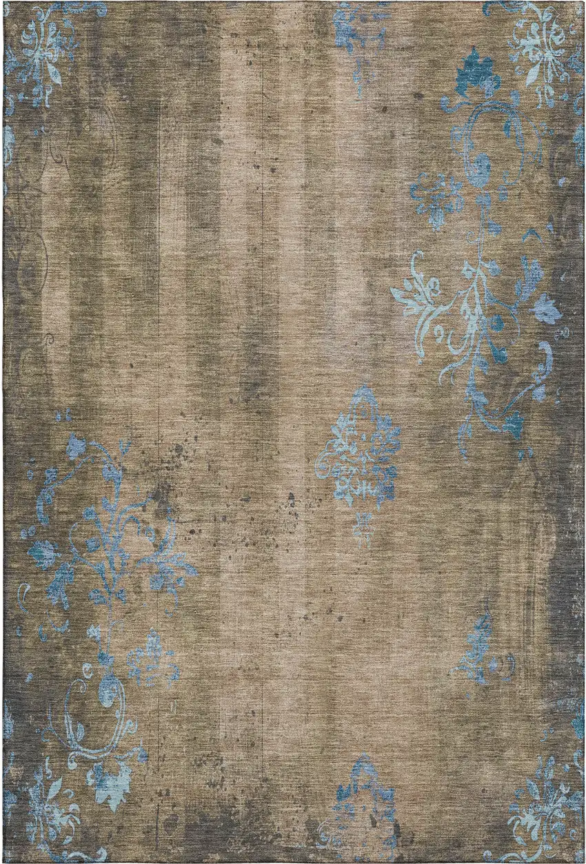 Taupe And Blue Floral Washable Area Rug With UV Protection Photo 6
