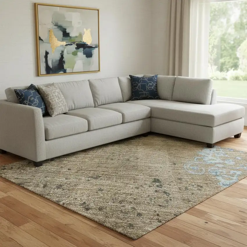 Taupe And Blue Floral Washable Area Rug With UV Protection Photo 2