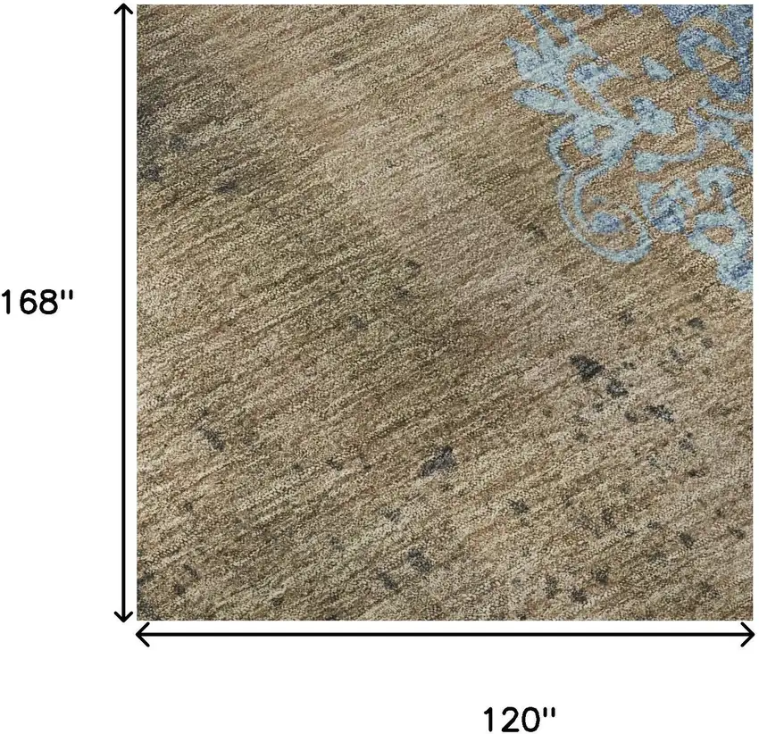 Taupe And Blue Floral Washable Area Rug With UV Protection Photo 9