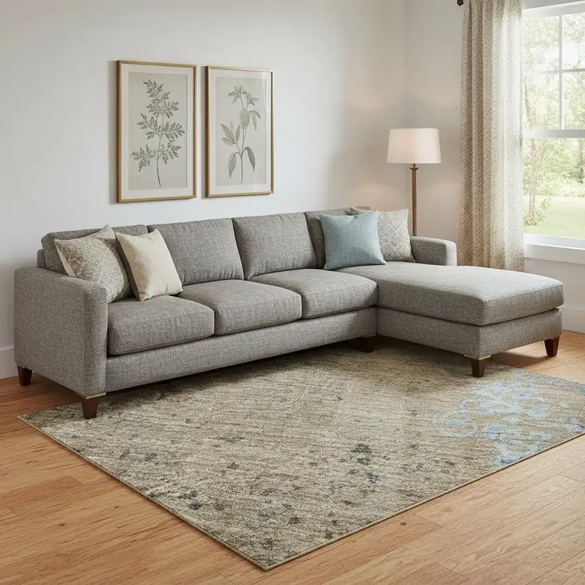 Taupe And Blue Floral Washable Area Rug With UV Protection Photo 2