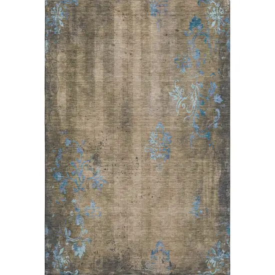 Taupe And Blue Floral Washable Area Rug With UV Protection Photo 6