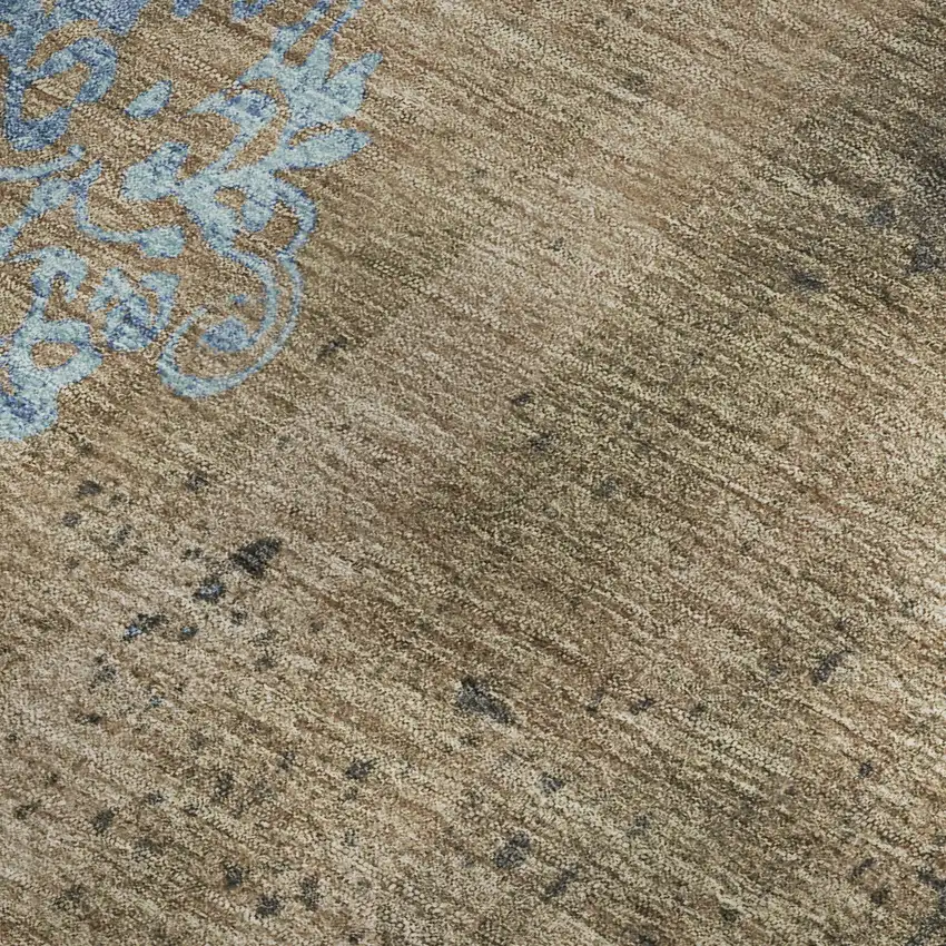 Taupe And Blue Floral Washable Area Rug With UV Protection Photo 3