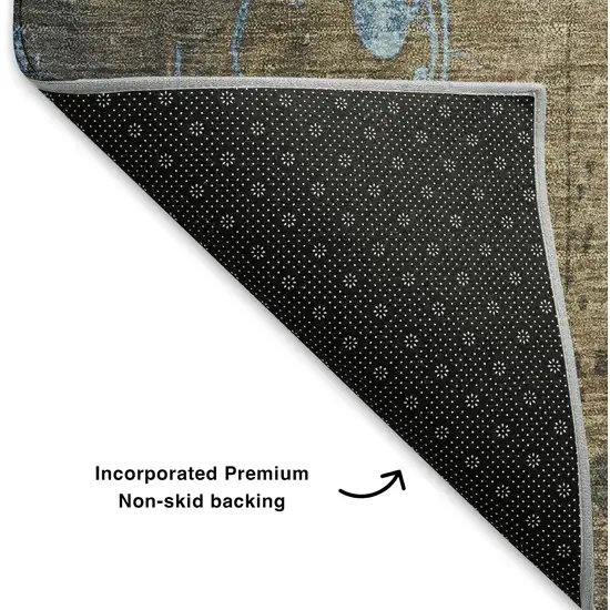 Taupe And Blue Floral Washable Area Rug With UV Protection Photo 7