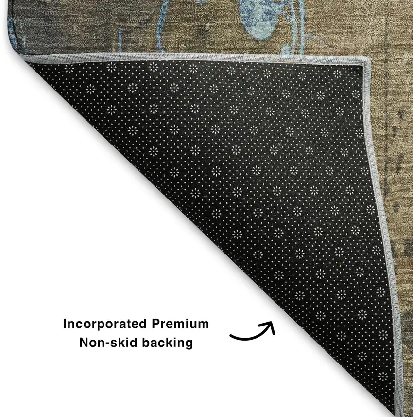 Taupe And Blue Floral Washable Area Rug With UV Protection Photo 7