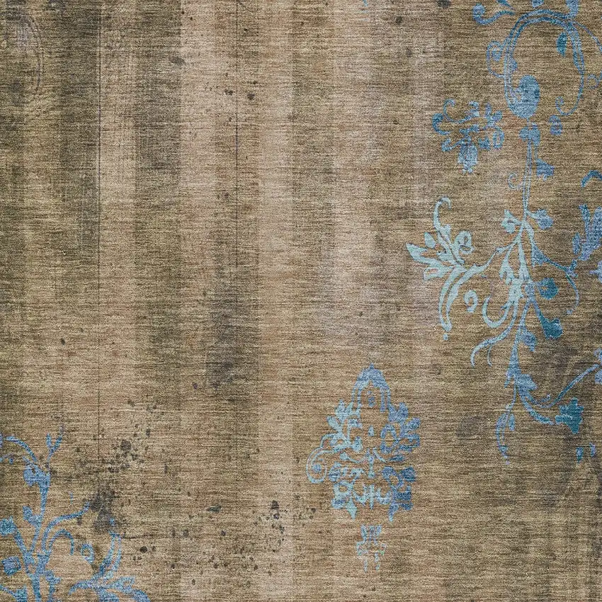 Taupe And Blue Floral Washable Indoor Outdoor Area Rug Photo 1