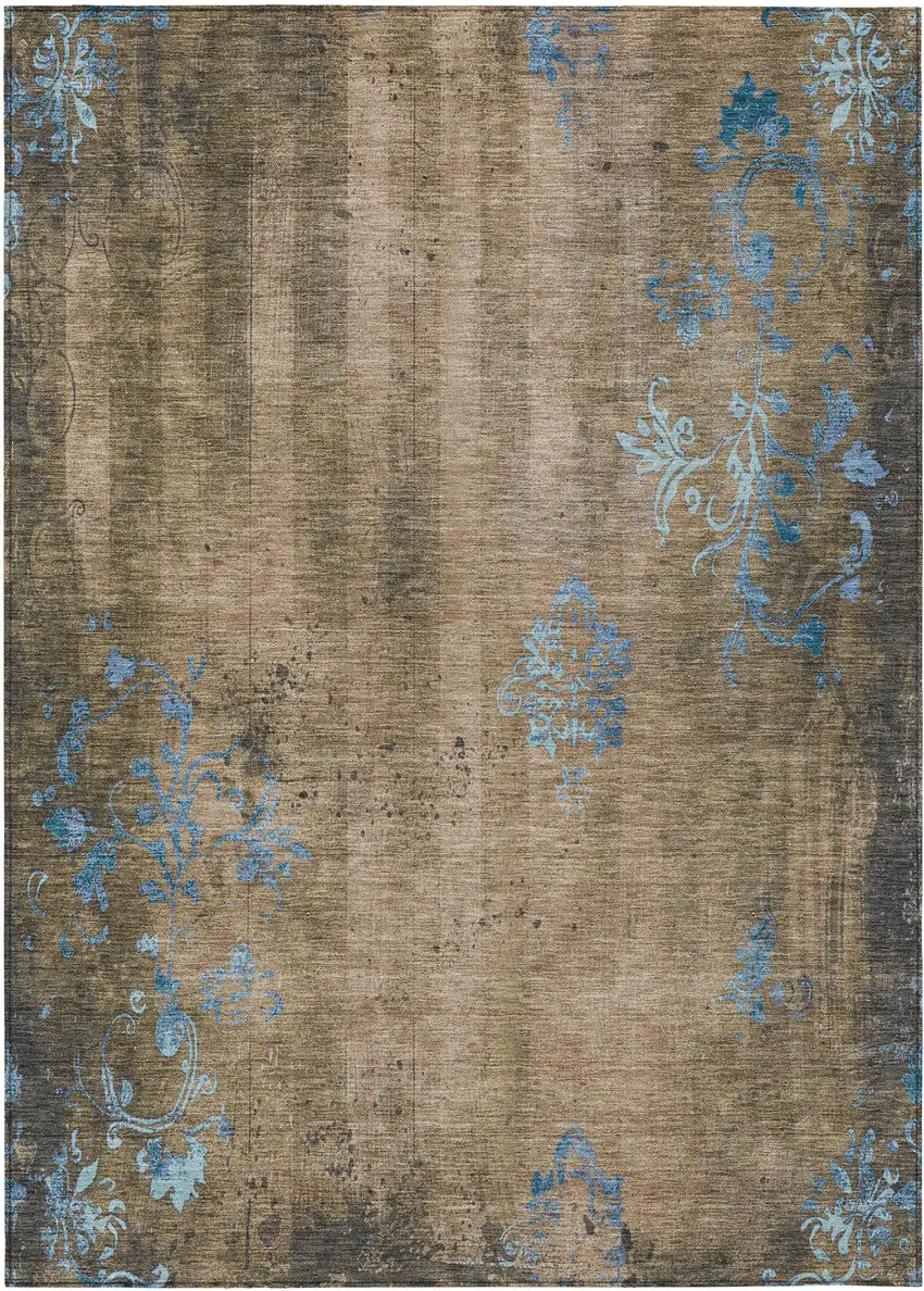 Taupe And Blue Floral Washable Indoor Outdoor Area Rug Photo 9