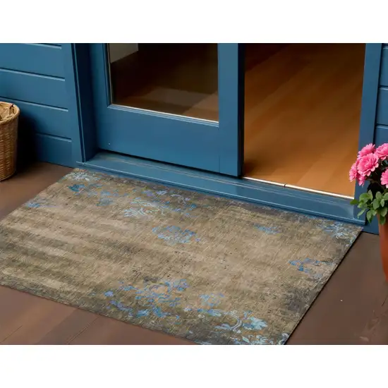 Taupe And Blue Floral Washable Indoor Outdoor Area Rug Photo 2