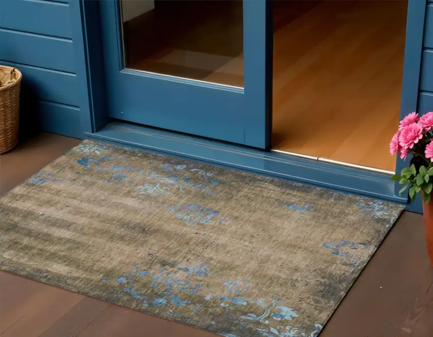 Taupe And Blue Floral Washable Indoor Outdoor Area Rug Photo 2