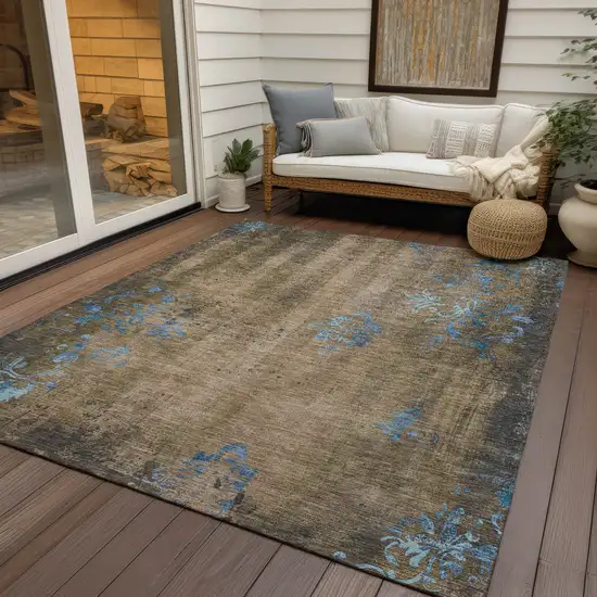 Taupe And Blue Floral Washable Indoor Outdoor Area Rug Photo 5