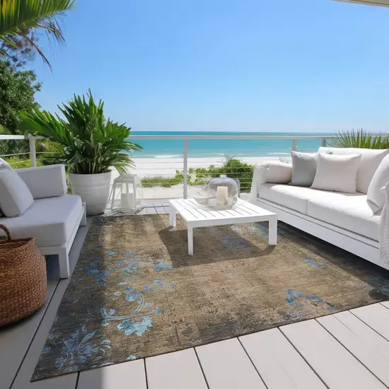 Taupe And Blue Floral Washable Indoor Outdoor Area Rug Photo 8