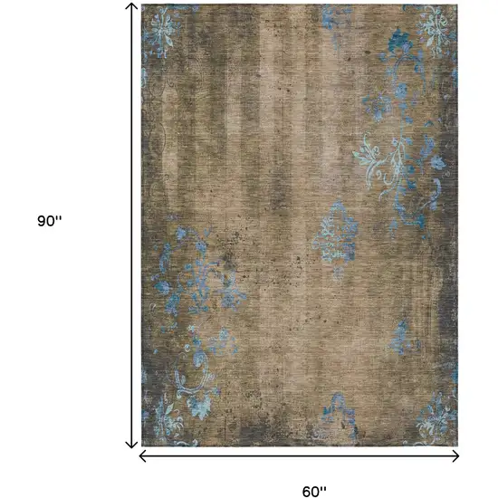 Taupe And Blue Floral Washable Indoor Outdoor Area Rug Photo 9