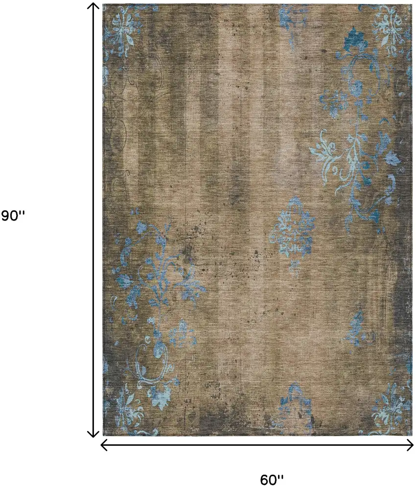 Taupe And Blue Floral Washable Indoor Outdoor Area Rug Photo 9