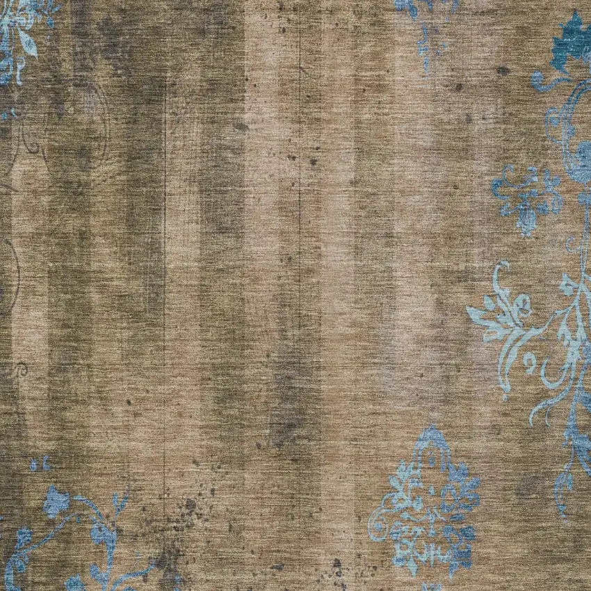 Taupe And Blue Floral Washable Indoor Outdoor Area Rug Photo 7