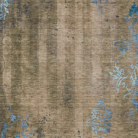 Taupe And Blue Floral Washable Indoor Outdoor Area Rug Photo 7