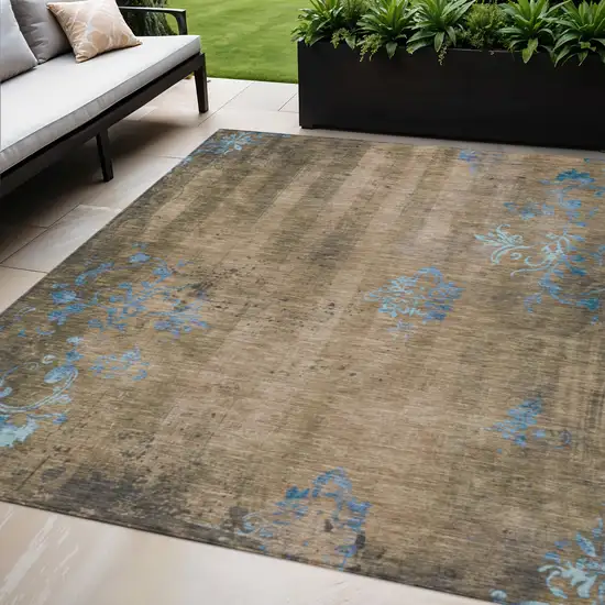 Taupe And Blue Floral Washable Indoor Outdoor Area Rug Photo 2