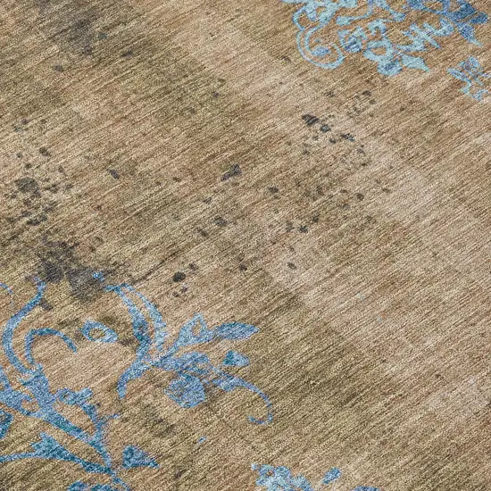 Taupe And Blue Floral Washable Indoor Outdoor Area Rug Photo 8