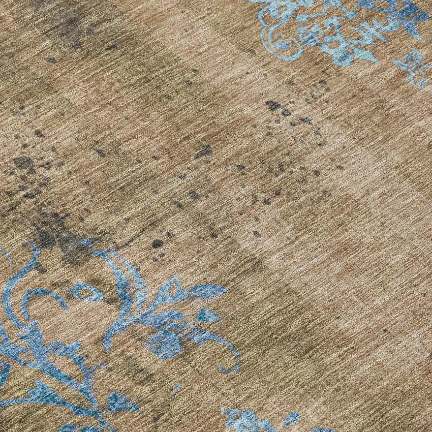 Taupe And Blue Floral Washable Indoor Outdoor Area Rug Photo 8
