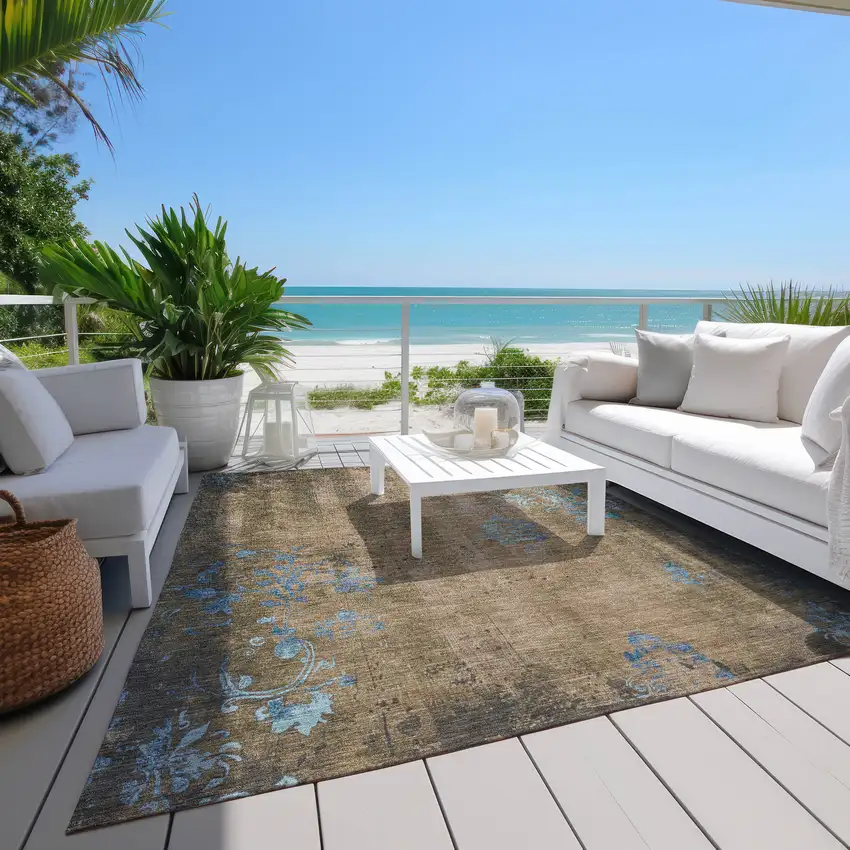 Taupe And Blue Floral Washable Indoor Outdoor Area Rug Photo 8
