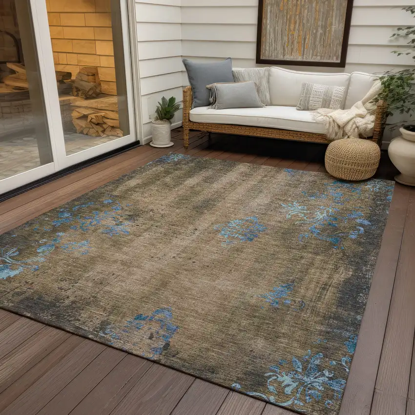 Taupe And Blue Floral Washable Indoor Outdoor Area Rug Photo 5