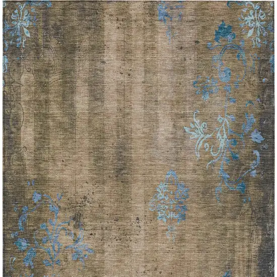 Taupe And Blue Floral Washable Indoor Outdoor Area Rug Photo 1