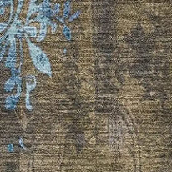 Taupe And Blue Floral Washable Indoor Outdoor Area Rug Photo 3