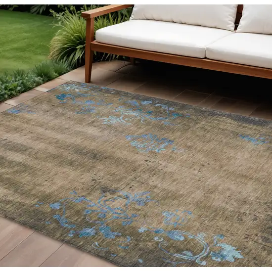 Taupe And Blue Floral Washable Indoor Outdoor Area Rug Photo 2