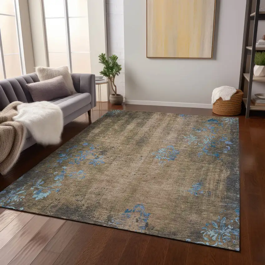 Taupe And Blue Floral Washable Indoor Outdoor Area Rug Photo 7