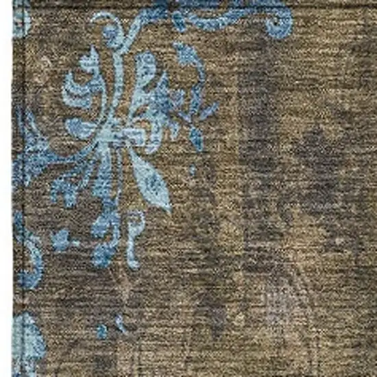 Taupe And Blue Floral Washable Indoor Outdoor Area Rug Photo 3