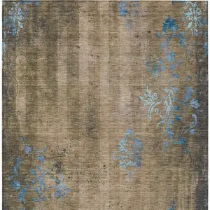 Photo of Taupe And Blue Floral Washable Indoor Outdoor Area Rug