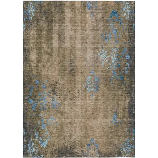 Taupe And Blue Floral Washable Indoor Outdoor Area Rug Photo 9