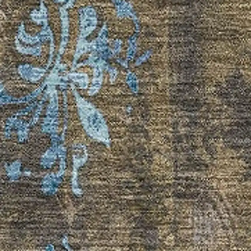Taupe And Blue Floral Washable Indoor Outdoor Area Rug Photo 3