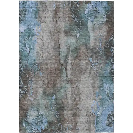 Taupe And Blue Floral Washable Indoor Outdoor Area Rug Photo 8