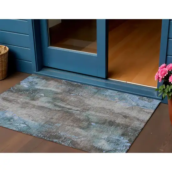 Taupe And Blue Floral Washable Indoor Outdoor Area Rug Photo 2