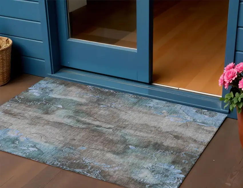 Taupe And Blue Floral Washable Indoor Outdoor Area Rug Photo 2